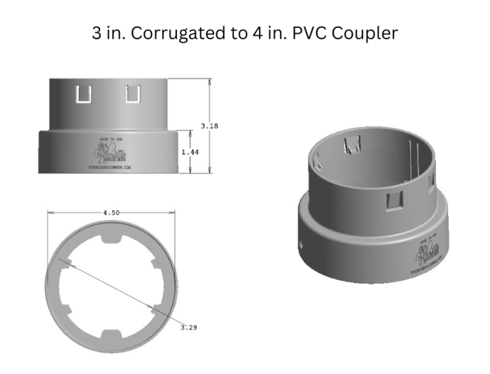 <span class="tr-grid">TORRENTIAL RAIN™ </span> 3 in. Corrugated to 4 in. PVC Coupler HDPE </br> <span class="ca-dim">female adapter, connects to 4 in. SCH 40</span></br><p class="ca-sale">34% off</p> - Image 3