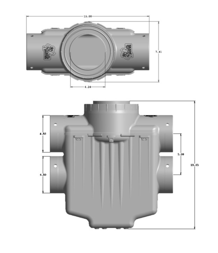 <span class="tr-grid">TORRENTIAL RAIN™ </span> 6 in. 4-Way Connect Catch Basin</br> <span class="ca-dim">Double Pipe System</span> - Image 3