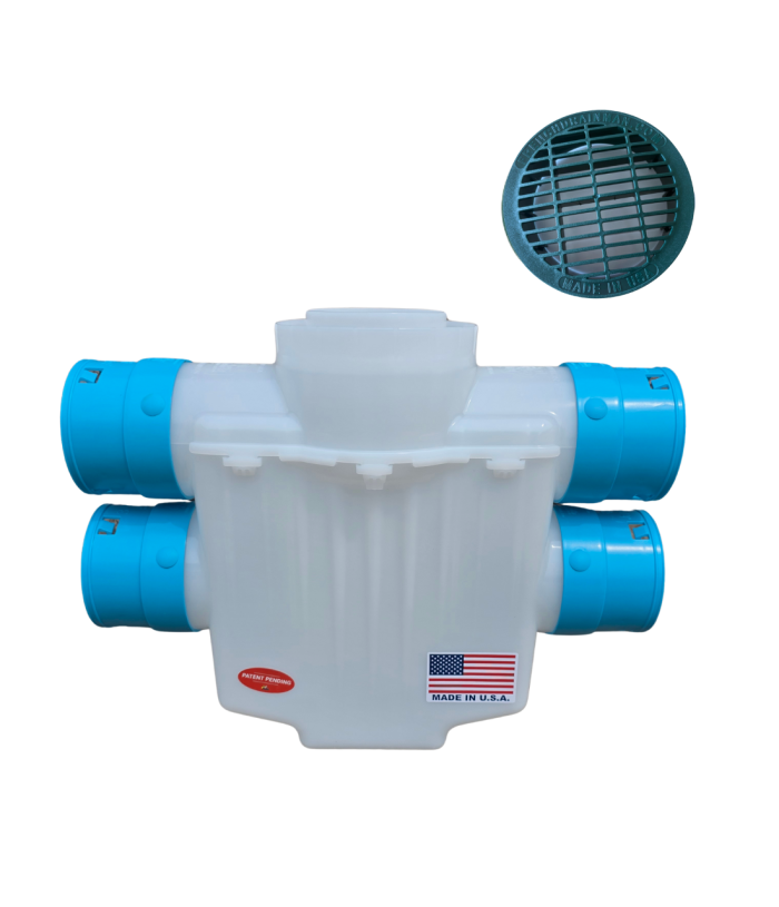 <span class="tr-grid">TORRENTIAL RAIN™ </span> 6 in. 4-Way Connect Catch Basin</br> <span class="ca-dim">3½ in. Double Pipe System</span>