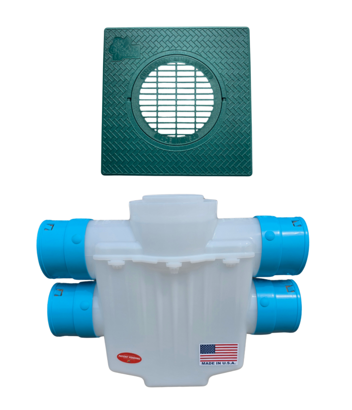 <span class="tr-grid">TORRENTIAL RAIN™ </span> 4-Way Connect 12 x 12 Catch Basin</br> <span class="ca-dim">3½ in. Double Pipe System</span>
