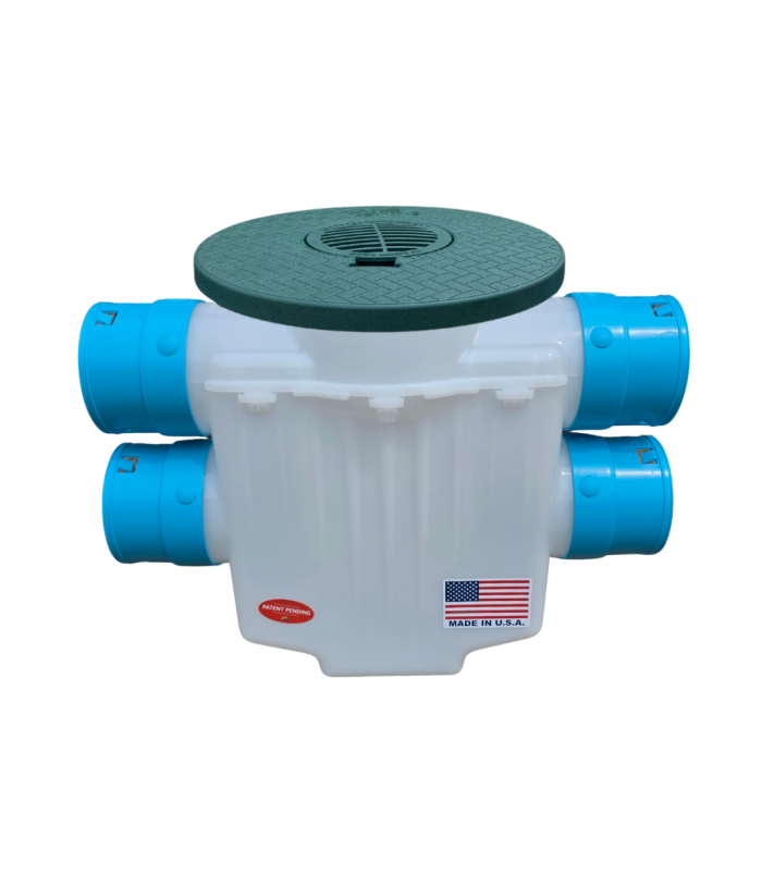 <span class="tr-grid">TORRENTIAL RAIN™ </span> 4 in. 4-Way Connect Catch Basin</br>  <span class="ca-dim">3½ in. Double Pipe System</span>