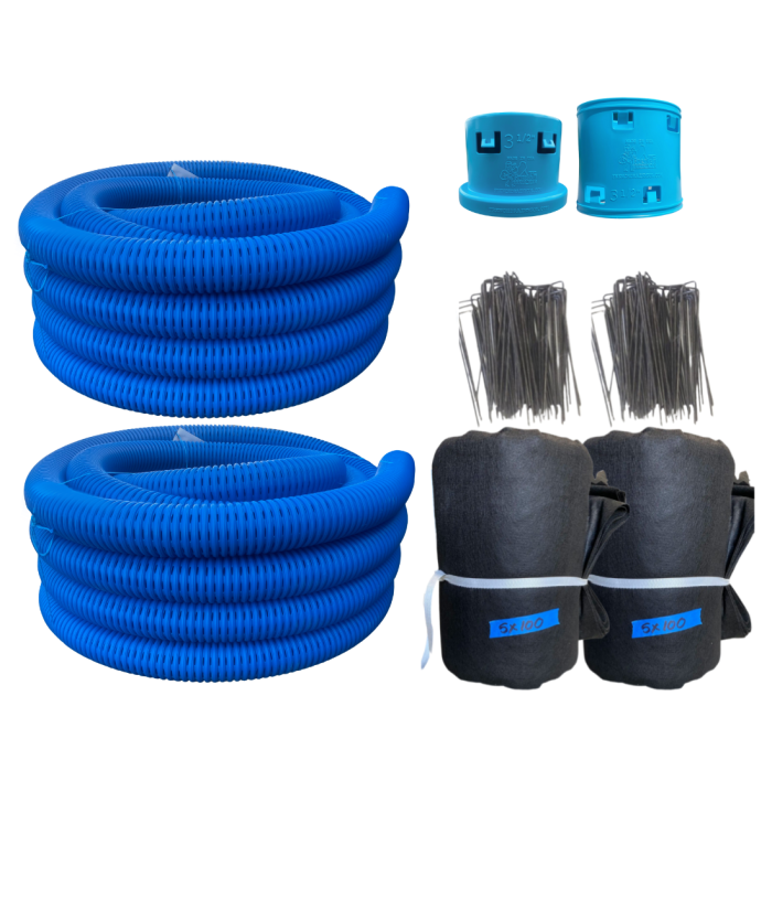 <span class="tr-grid">TORRENTIAL RAIN™ </span> High Octane<span style="font-size: 60%; vertical-align: super;">®</span> Starter French Drain Kit</br> (Single Pipe System)</br> <span class="ca-dim"> 3½ in. x 200 ft. perforated pipe</span>