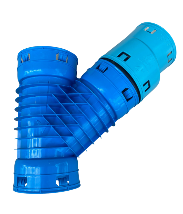 <span class="tr-grid">TORRENTIAL RAIN™ </span>4 in. Wye with 3 1/2 x 4 in. Reducer</br><span class="ca-dim"> Connects to 4 and 3½ in. Corrugated</span>